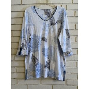 Chico's 3 Women's Paisley Blouse Top Size XL‎ White Blue 3/4 Sleeve Tunic NWOT